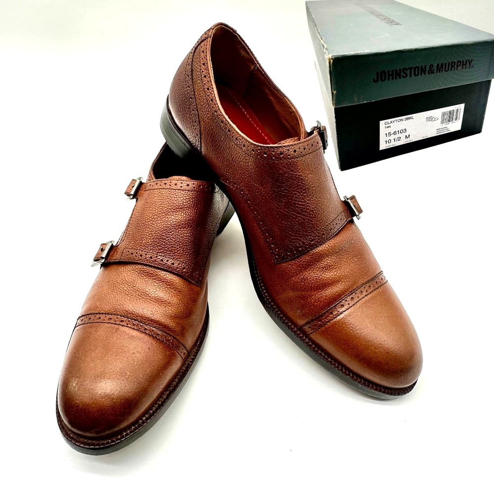 Johnston & Murphy Clayton 28KL Double Monk Strap Shoes 10.5M – Tan Leather & Box